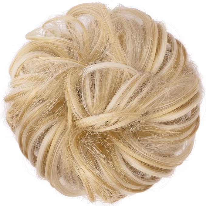 FESHFEN Messy Bun Hair Piece - Large Elastic Wavy Curly Hair Bun Scrunchies Ponytail Extensions Synthetic Chignon Hairpieces for Women, Champagne Blonde & White Blonde 1.94oz