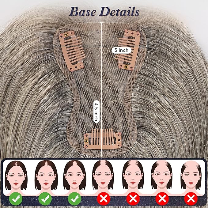 starluck Real Human Hair Toppers for Women 10 Inch Human Hair Topper no Bangs, 3 * 4.5 inches Swiss Base Suitable for ThinningHair Cover Grey Roots(Mixed Light Grey)