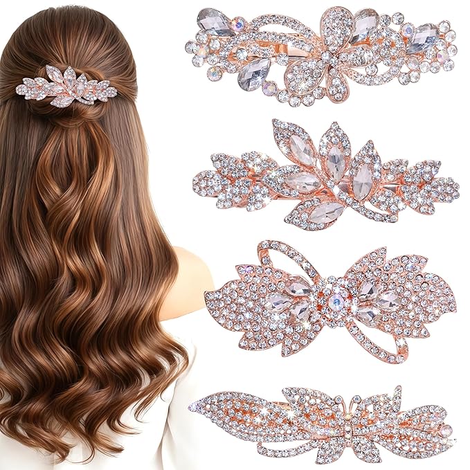 4PCS Vintage Elegant Metal Rhinestone Hair Clips, Sparkly Crystal Hair Pins Butterfly Floral Leaf Bow Hair Barrettes, Non-Slip Sparkly French Floral Hairpins Accessories Gift for Women Girls