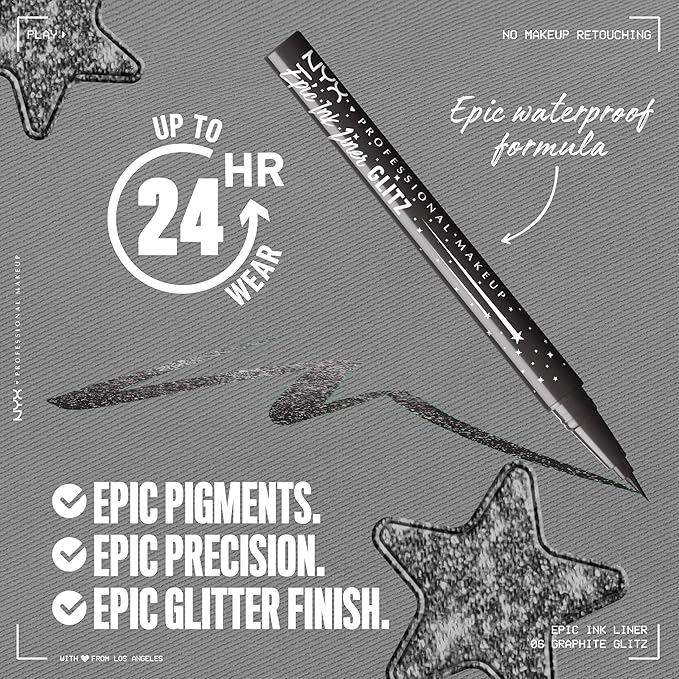 NYX PROFESSIONAL MAKEUP Epic Ink Glitz Liner, Waterproof Metallic Liquid Eyeliner with Vegan Formula - Graphite Glitz (Shimmer Graphite Black)