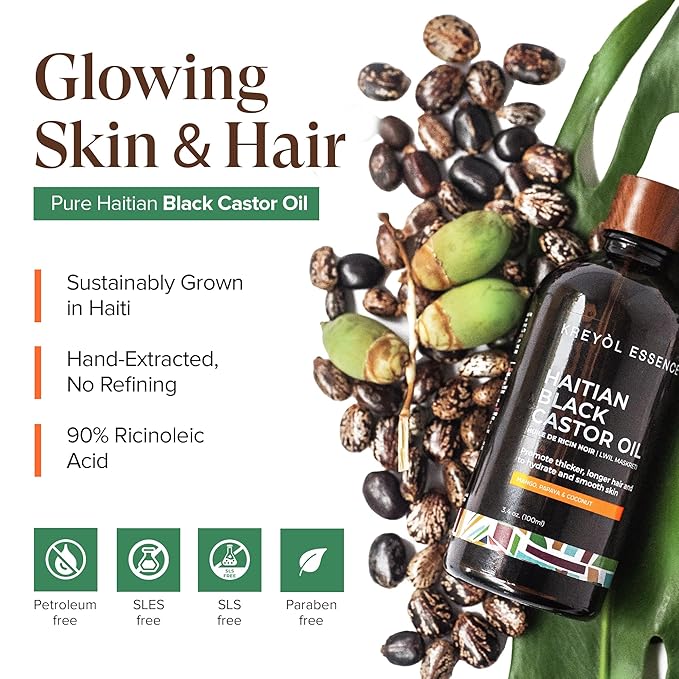 Kreyol Essence - Haitian Black Castor Oil for Skin and Hair, Glass Bottle - Cold Pressed, Hexane Free, Fuller-Looking Hair, Natural Humectant, Mango Papaya & Coconut, 3.4 Fl Oz