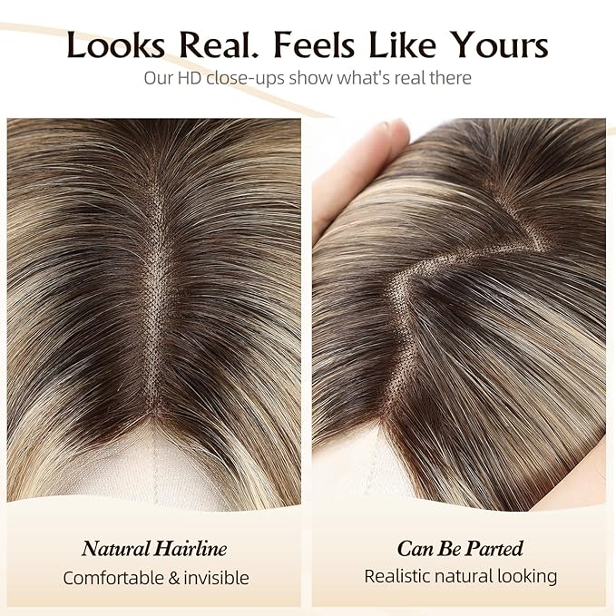 MONO TOP Hair Toppers for Women Human Hair 12 Inch 7"×8" Big Base Partial wig Cover Thinning Hair or Loss No Bangs Top Hair Pieces Natural Wiglets (Ombre Brown Mix Platinum)