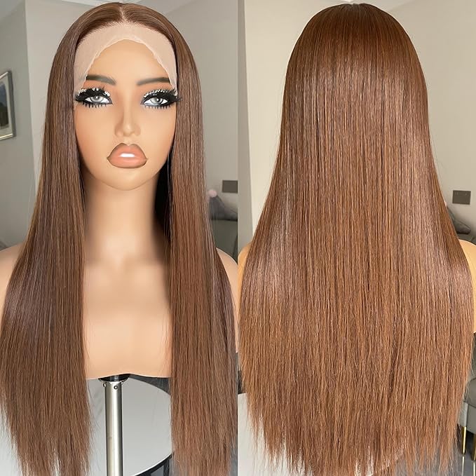 BLL Brown Wig, 13x4 Synthetic Lace Front Pre Plucked 26inch Long Straight Glueless Chocolate Light Brown Wigs For Black Women Suitable For Everyday Wear