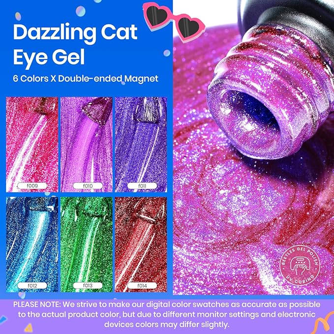 Beetles Cat Eye Gel Nail Polish, 6 Colors Summer Cat Eye Glitter Gel Polish Set Neon Red Pink Purple Blue Green with Magnet Velvet Gel Kit French Nail Art Manicure Gift for Women