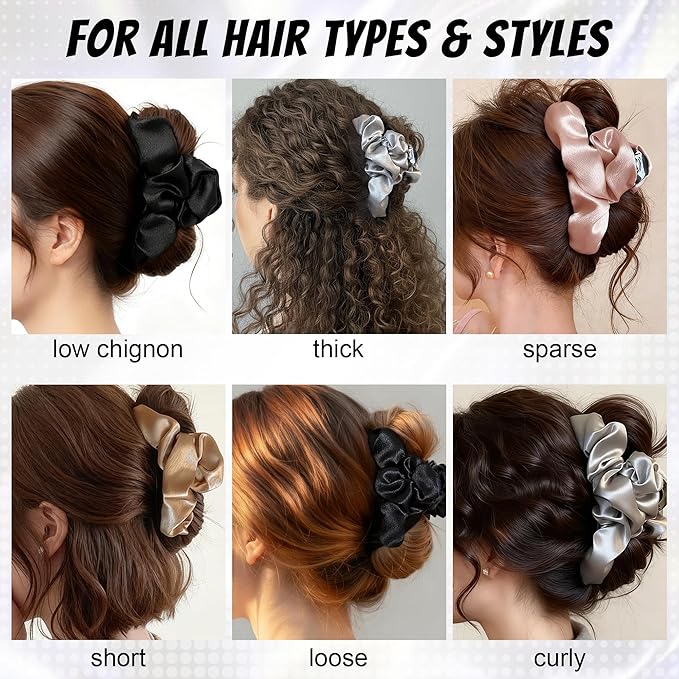 4Pcs Satin Hair Claw Clips Set, Large Silk-Like Hair Jaw Clamps in Champagne-Pink-Black-Gray, Non-Slip Strong Hold Hair Accessories for Thin/Medium/Thick, Stylish Hair Grips for Women Girls