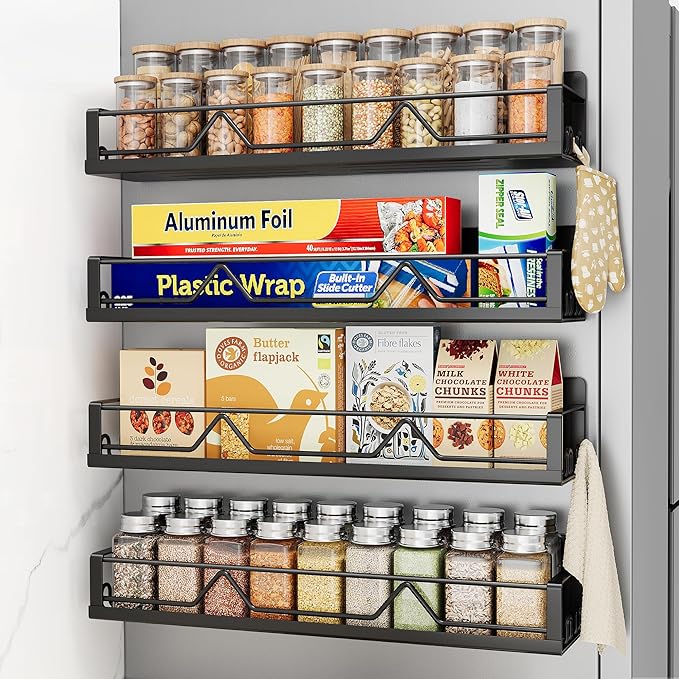 16.9 Inch Wide Large Capacity Magnetic Spice Rack for Refrigerator, 4 Pack Metal Fridge Shelf, Black