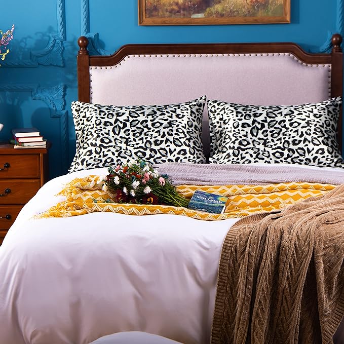 NTBAY 2 Pack Satin King Pillowcases for Hair and Skin, Luxurious and Silky Leopard Printed Pillow Cases with Envelope Closure, 20x36 Inches, Black and White