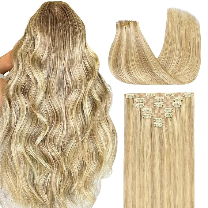 GOO GOO Clip in Hair Extensions Real Human Hair, Remy Human Hair Extensions Clip ins for Women, Natural Human Hair, 20inch 150g 7Pcs, 18D/22F Dirty Blonde Highlights
