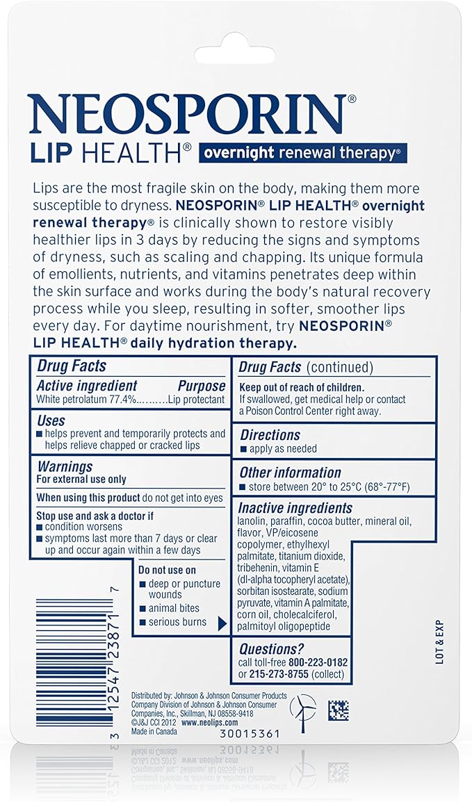 Neosporin Lip Health Overnight Healthy Lips Renewal Therapy Petrolatum Lip Protectant, 0.27oz. (Pack of 2)