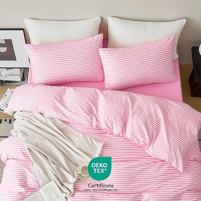 JELLYMONI 100% Natural Cotton Striped King Pillowcases Set, 2 Pack Pink Striped Pattern Printed Pillow Covers with Envelope Closure(Pillows are not Included)