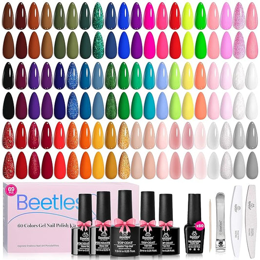 Beetles Gel Nail Polish Set, 60 Colors Fall Uv Gel Polish Kit Jelly Brown Glitter Nude Pink White Red Blue Green Color Nail Polish Base &Glossy Matte Top Coat Gift for Her Women