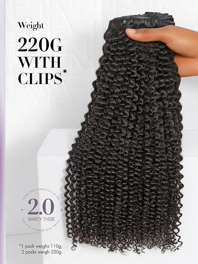 LUVME Invisible Clip ins Hair Extensions Deep Kinky Curly Real Human Hair Remy Hair Clip ins for Women, Natural Human Hair 22 inch 2 Pack 220g 12Pcs, Natural Black