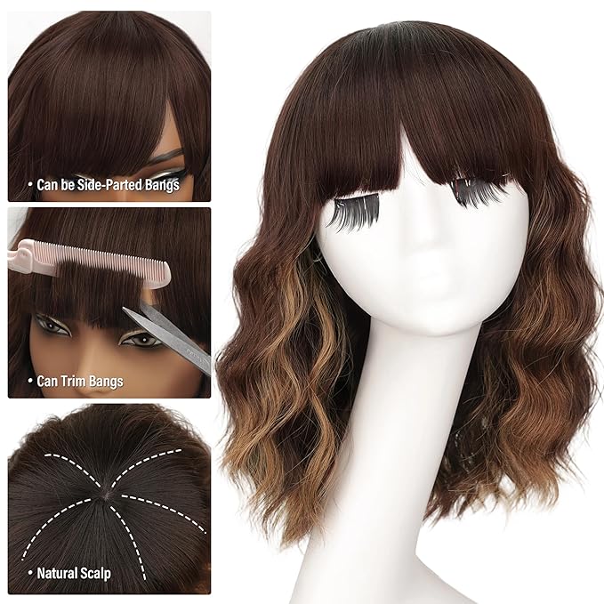 Nnzes Short Wavy Bob Wig with Bangs for Women Shoulder Length Curly Ombre Brown Highlight Synthetic Heat-Resistant Fiber Hair for Daily & Party Use