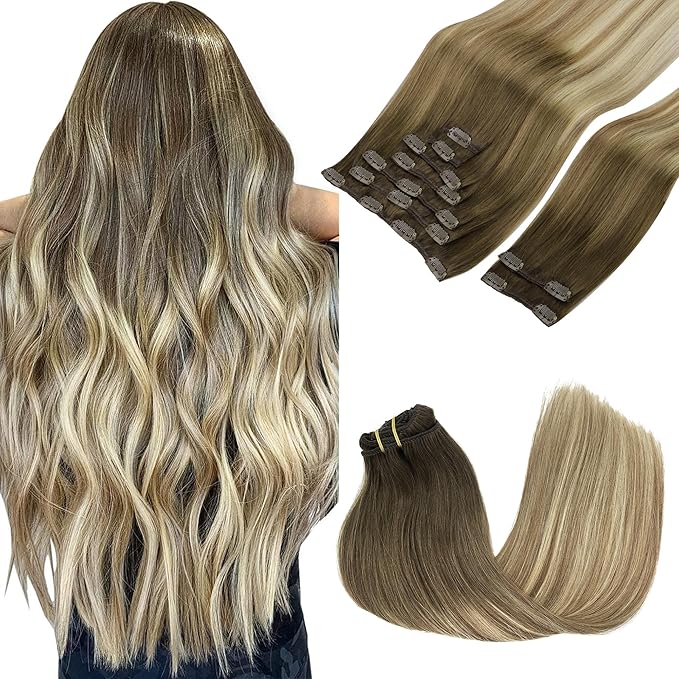 GOO GOO Clip in Hair Extensions Real Human Hair, Remy Human Hair Extensions Clip ins for Women, Natural Human Hair, 16inch 150g 9Pcs, 3/8/613 Balayage Walnut Brown to Ash Brown and Bleach Blonde