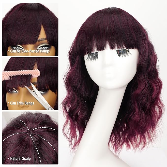 Nnzes Short Wavy Bob Wig with Bangs for Women Shoulder Length Curly Wine Red and Black Synthetic Heat-Resistant Fiber Hair for Daily & Party Use