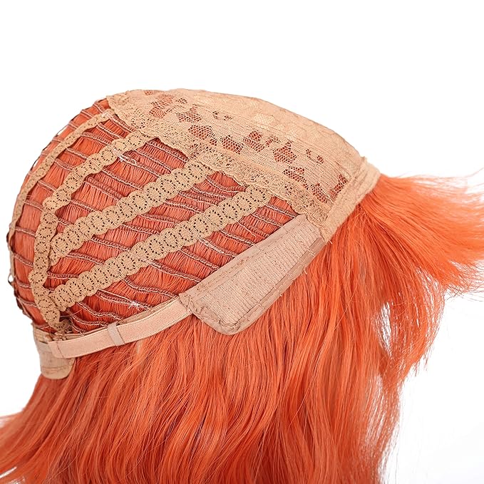 FAELBATY Short orange Wigs With Air Bangs Colorful wig Shoulder Length Women's Short Wig Curly Wavy Synthetic Cosplay Wig Orange Bob Wig for Girl Costume Wigs Orange Color 12"