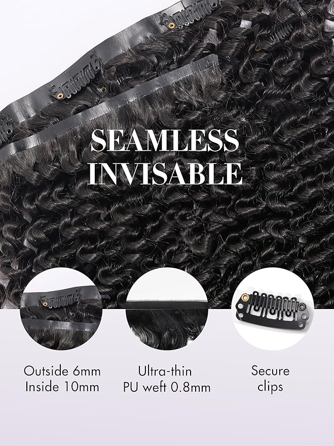LUVME Kinky-curly Seamless 2 Pack 18inch 270g 18Pcs Clip in Hair Extensions Full Head with Remy Human Hair Extensions, Natural Black Hair for Women