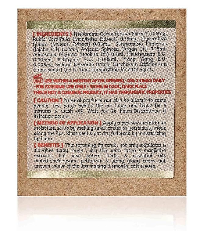ROOTS AND HERBS Ayurvedic Cacao & Manjistha Cane Sugar Lip Scrub 100% Vegan, No-Paraben, No-SLS, No-Sulphate & Natural Treatment Exfoliator for Dark, Dry, Chapped Smooth & Brighter Lips (15gm/0.53oz)