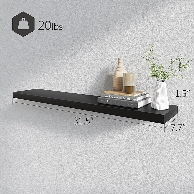 BAMEOS Floating Shelves, 31W x 8D Black Wall Mounted Wooden Shelves with Invisible Brackets Set of 2, Hanging Wall Shelves Decoration for Bedroom, Bathroom, Living Room and Kitchen
