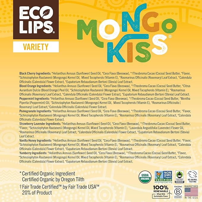 Eco Lips Mongo Kiss Organic Lip Balm 7 Pack - Blood Orange, Black Cherry, Pomegranate, Vanilla Honey, Peppermint, Strawberry Lavender, Yumberry | Mongongo Oil to Soothe & Moisturize Dry, Cracked Lips