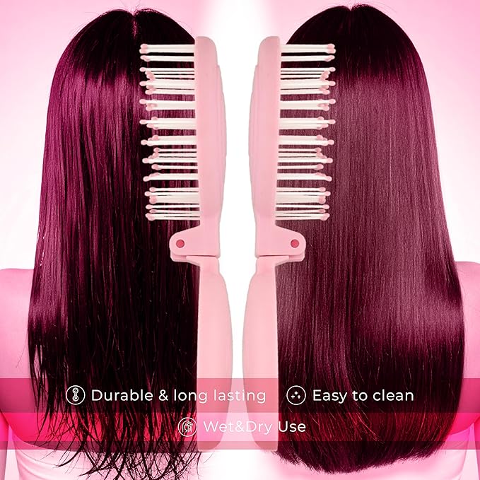 Mini Detangler Travel Hair Brush with Mirror, Makaron Hair Brushes for Women, Men and Kids, Unique 3D Flexible Design for All Hair Types, Styling Accessory, Travel Essentials for Women (PINK)