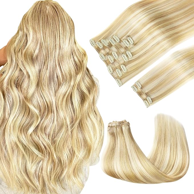 GOO GOO Clip in Hair Extensions Real Human Hair, Remy Human Hair Extensions Clip ins for Women, Natural Human Hair, 14inch 150g 9Pcs, 18D/22F Dirty Blonde Highlights
