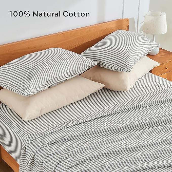 JELLYMONI 100% Natural Cotton Striped Pillowcases Set, 2 Pack White and Grey Vertical Stripes Pattern Printed Pillow Covers with Envelope Closure(Pillows are not Included)-King(20"×36")