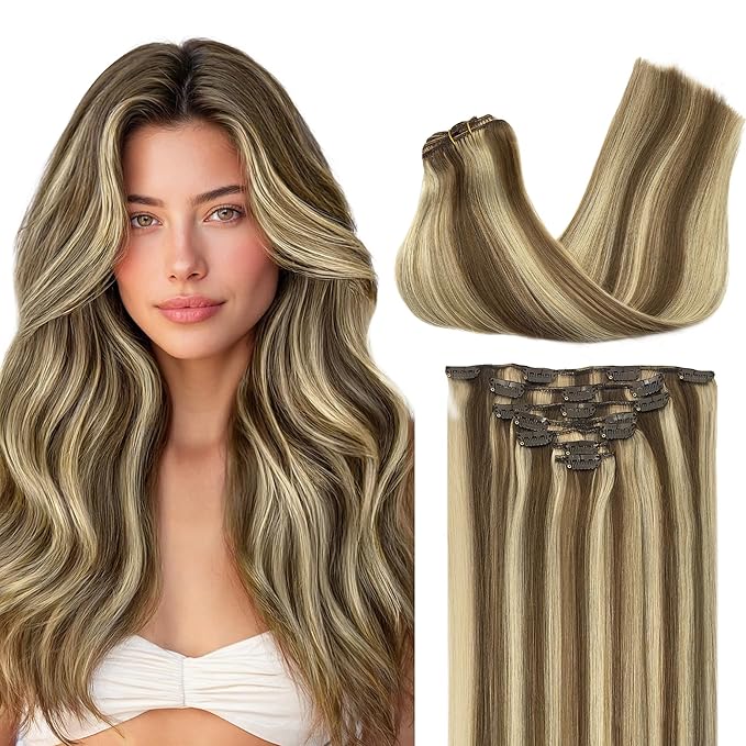 GOO GOO Clip in Hair Extensions Real Human Hair, Remy Human Hair Extensions Clip ins for Women, Natural Human Hair, 20 Inch 160g 7Pcs, 8A/22 Medium Brown Highlighted Golden Blonde