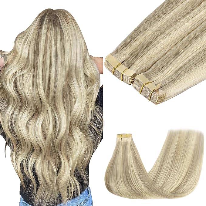 GOO GOO Tape in Hair Extensions Human Hair, 17A/60A Ash Blonde Highlighted Platinum Blonde, 20inch 100g 40pcs, Skin Weft Seamless Invisible, Silky Straight with Thick Ends, Remy Human Hair