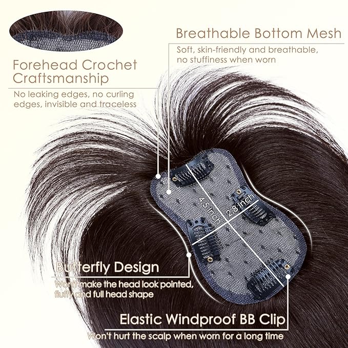 Hair Toppers for Women Clip in Bangs Real Human Hair,30g Dark Brown Topper for Women 150% Density Silk Base Clip in Pieces Straight Hair