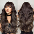 EMMOR Ombre Brown Wigs for Women Long Curly Wigs with Bangs Wave Heat Resistant Synthetic Wigs Soft Natural Looking
