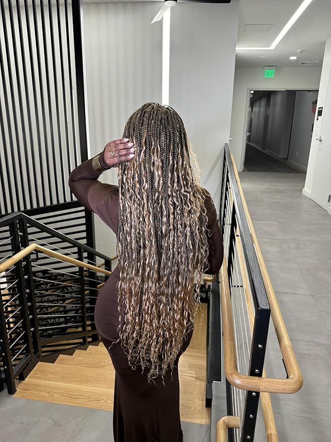 Human Hair Boho Curls Hand-Tied HD Full Lace Wig - 36" Salon-Level Small Box Synthetic Braids (121 Braids, High Density) Pre-Cut Swiss HD Lace, Pre-Plucked, Tangle-Free - 1B/27 Honey Blond