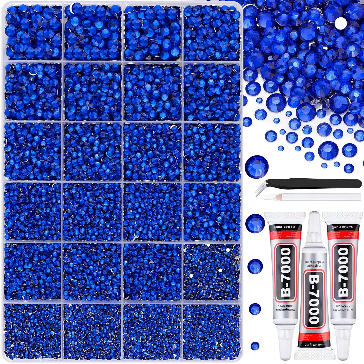 30000Pcs Resin Rhinestones with Tweezers for Crafting, Royal Blue Flatback Gems, Bedazzling Crystal with 3Pcs 10ml B7000 Jewelry Glue for DIY Crafts Clothing Tumblers Shoes Fabric Nail Art