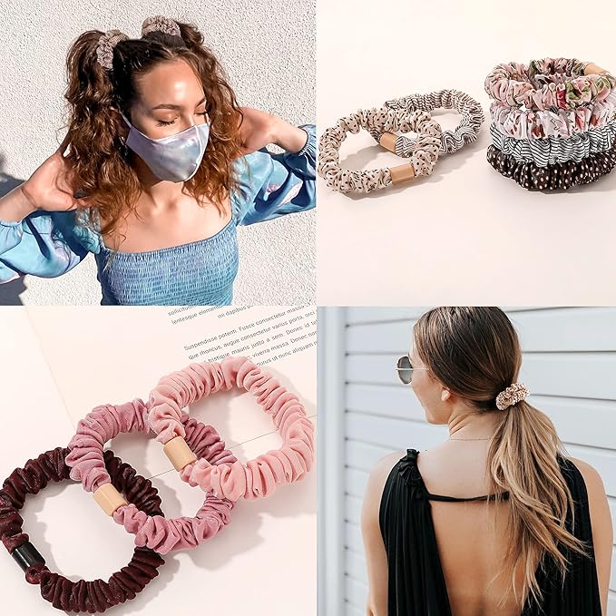 Silk Hair Ties Satin Scrunchies - Small Mini Scrunchy for Women Thick Hair Accessories Cute Soft No Slip Hair Elastics Ponytail Holder for Curly Hair No Damage Hairties Gift for Girl