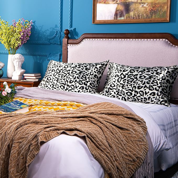 NTBAY 2 Pack Satin King Pillowcases for Hair and Skin, Luxurious and Silky Leopard Printed Pillow Cases with Envelope Closure, 20x36 Inches, Black and White