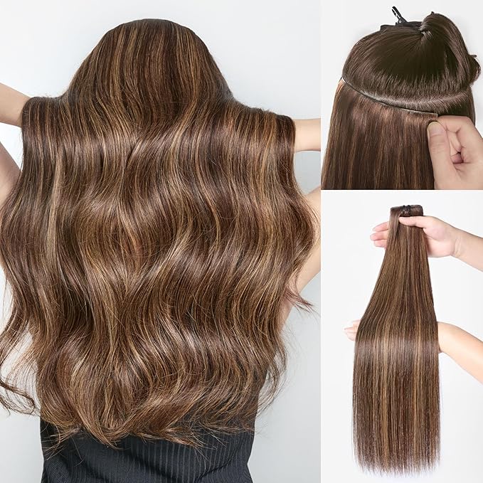 LUVME Invisible Clip in Hair Extensions Real Human Hair, 18 inch 110g 6Pcs, Natural Brown Highlights Human Hair Extensions Clip ins for Women, Natural Seamless Straight Human Hair