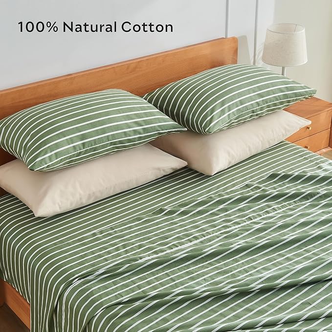 JELLYMONI 100% Natural Cotton Striped King Pillowcases Set, 2 Pack Green and White Stripes Pattern Printed Pillow Covers with Envelope Closure(Pillows are not Included)