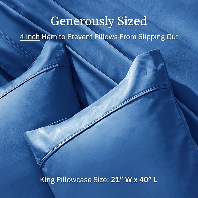 California Design Den King Size Pillow Cases Set of 2-400 Thread Count Sateen, Natural 100% Cotton Pillowcases King, Soft, Roomy and Breathable - Cobalt Blue