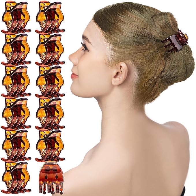 RC ROCHE ORNAMENT 12 Pcs Small Hair Clips for Women 1.3" Inch Thick or Thin Hair Jaw Clamps Secure Strong Hold No Slip, Medium Brown
