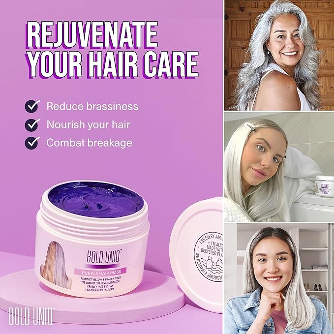 Bold Uniq Purple Hair Mask - Toner For Blonde, Platinum, Bleached, Silver, Gray, Ash & Brassy Hair - Remove Yellow Tones & Condition Dry, Damaged Hair - Cruelty Free & Vegan - 6.76oz
