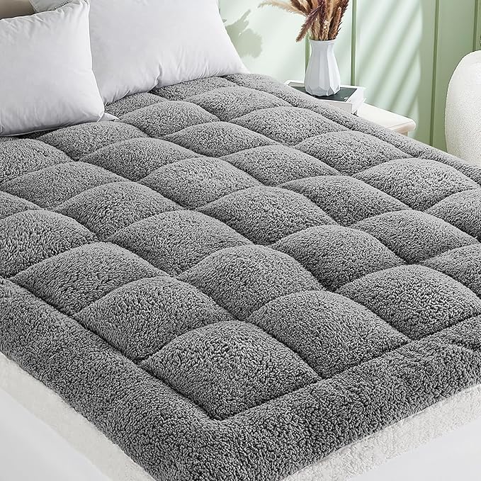Cymula California King Mattress Topper, Sherpa Mattress Pad for Cal King Bed with 900GSM Down for Back Pain Extra Thick Mattress Cover Pillow Top with 8-21" Pockets, Grey