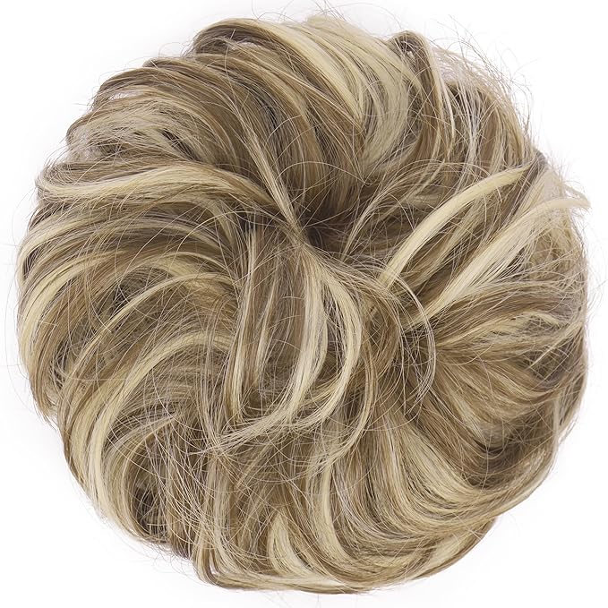 FESHFEN Messy Bun Hair Piece - Elastic Wavy Curly Hair Bun Scrunchies Extensions Synthetic Chignon Hairpieces for Women, Brunette & Blonde 1.5 oz