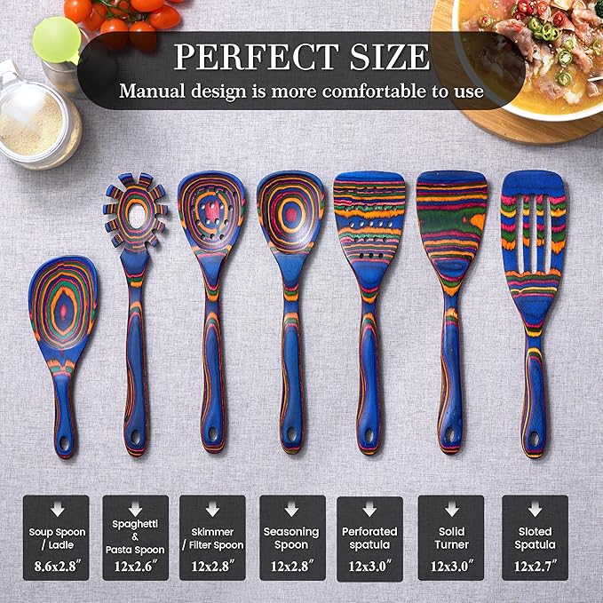 Heat-Resistant Wood Cooking Utensils - 7pc Set, Eco-Friendly, Includes Spatula, Pasta & Slotted Spoons, Essential Kitchen Tool