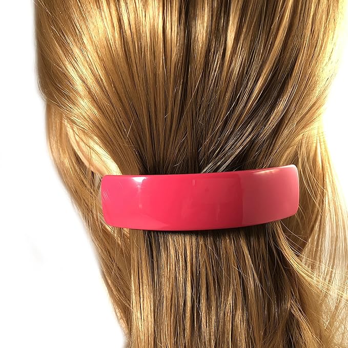 French Amie Curved Pink Large 3 ¾” Handmade Celluloid Automatic Volume Hair Clip Barrette (Pink)