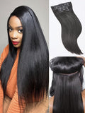 LUVME Yaki Straight Seamless 2 Pack 220g 14Pcs Clip in Hair Extensions Full Max with 16inch Natural Black 100% Real Soft Human Remy Human Hair Extensions