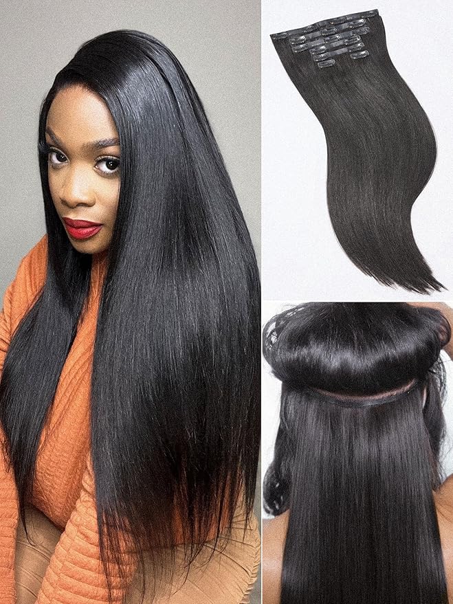 LUVME Yaki Straight Seamless 2 Pack 220g 14Pcs Clip in Hair Extensions Full Max with 22inch Remy Human Hair Extensions, Natural Black 100% Real Soft Hair