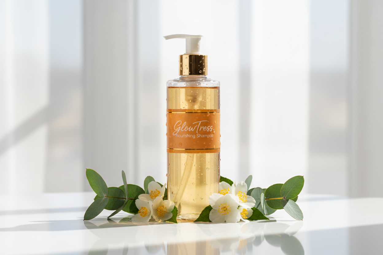 GlowTress Nourishing Shampoo
Gently cleanses the scalp and hair while removing buildup without stripping natural oils. Formulated to restore moisture, strengthen strands, and leave hair feeling soft and refreshed. (make it real photo)